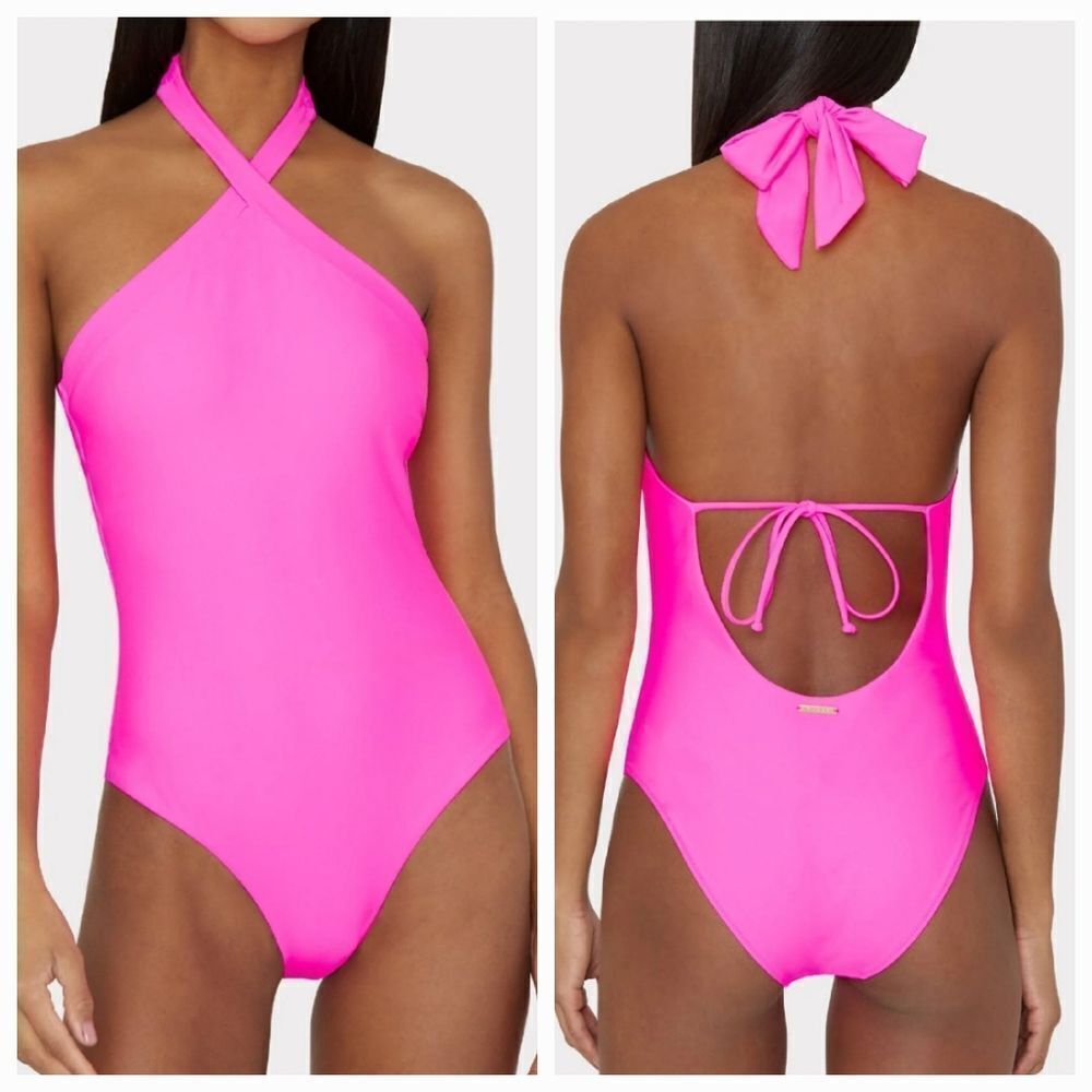 Milly Cabana Women's Solid Hot Pink Halter One Piece Swimsuit Size P Xsmall